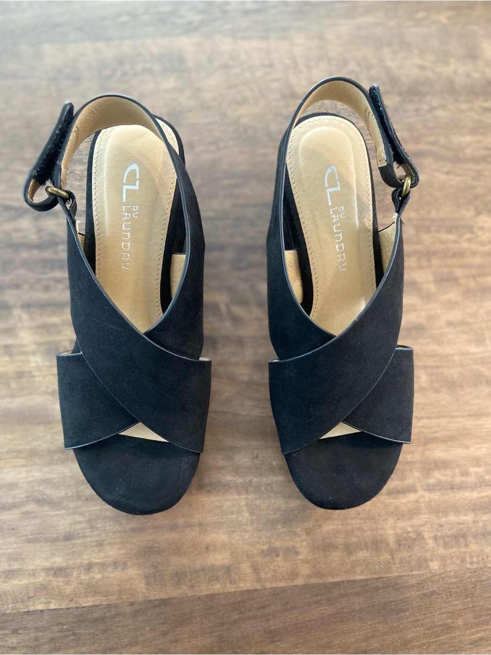 Chinese Laundry Black Crisscross Wedge Sandals